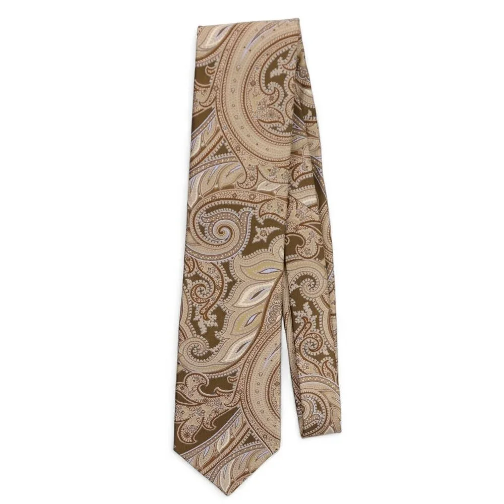 New IKE Behar 100% Silk Neck Tie Tan Blue Paisley Print Woven Made in USA NWT - Picture 5 of 8